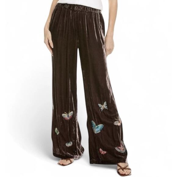 Johnny Was Pants - Johnny Was Luciana Coffee Bean Velvet Embroidered Wide Leg Pants NWT XL Boho Y2K